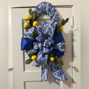 Blue Floral & Satin Bow Holiday Wreath Accent
